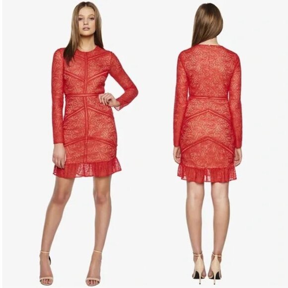 Bardot Red Sasha Long Sleeve Lace Overlay Mini Cocktail Dress 37549 - Picture 1 of 9